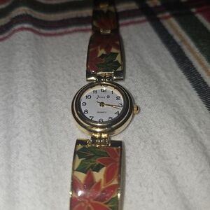 Gold and Red Floral Quartz Watch